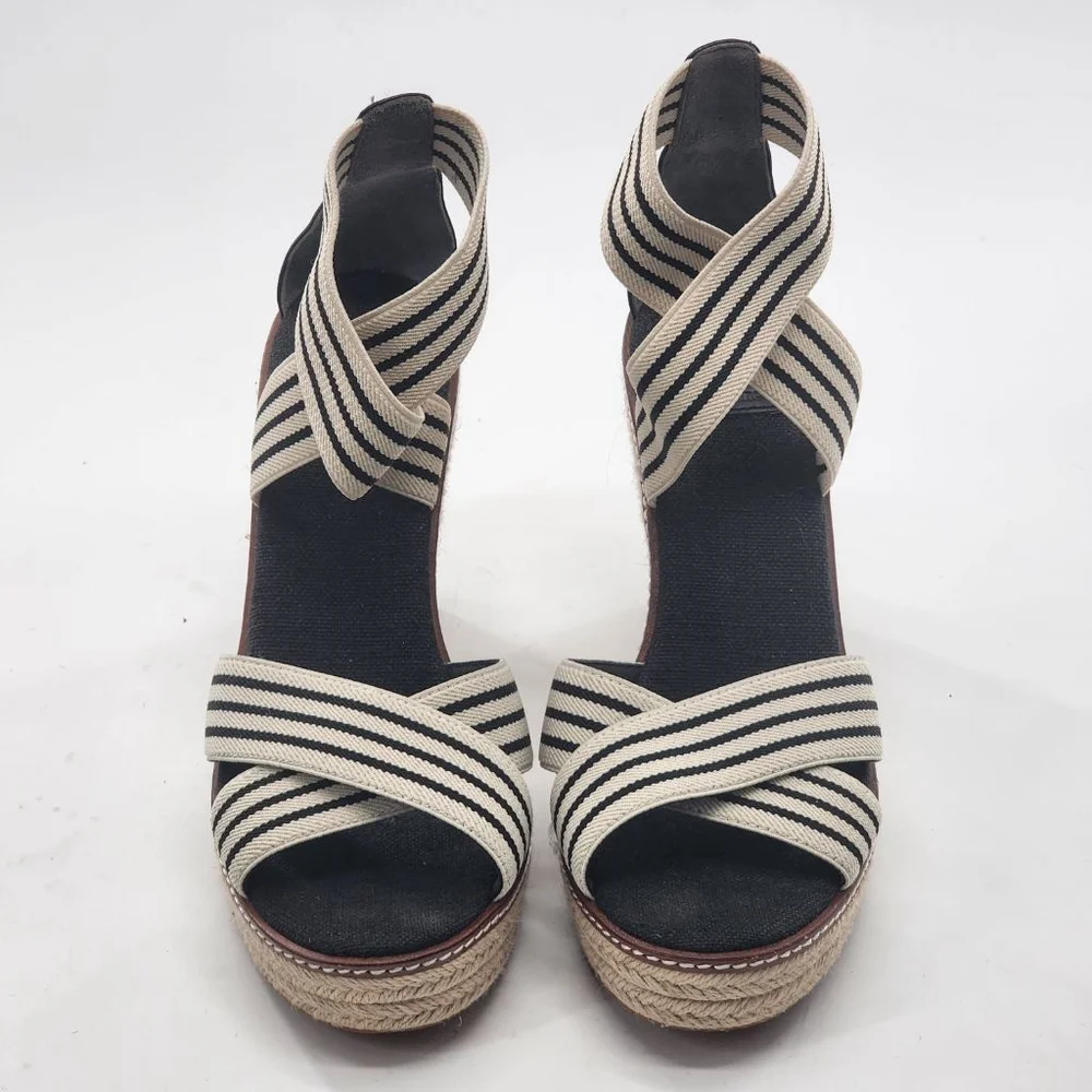 TORY BURCH Frieda Navy Cream Elastic Strap Striped Espadrille Wedge Sandals 9.5